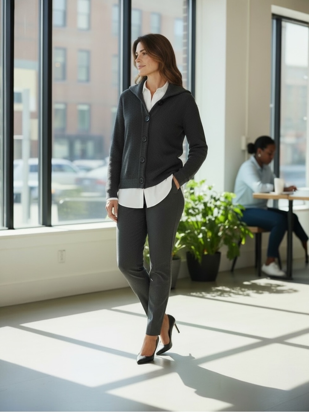 Anne Klein PL Black Ribbed Wool Blend Button Cardigan‎ Sweater Jacket